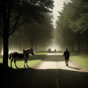 Serene Sunset Landscape with Horse Cart and Trees