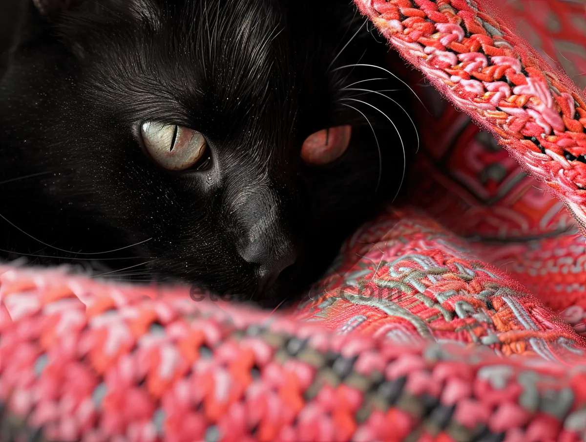 Picture of Fluffy black kitten on cozy rug.