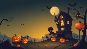 Silhouette pumpkin in moonlit cemetery under orange sky