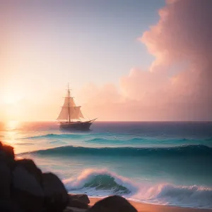 Serene Sunset: Sailing Vessel Explores Coastal Waters