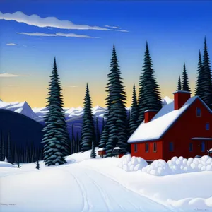 Winter landscape with snowy mountains and ski slope