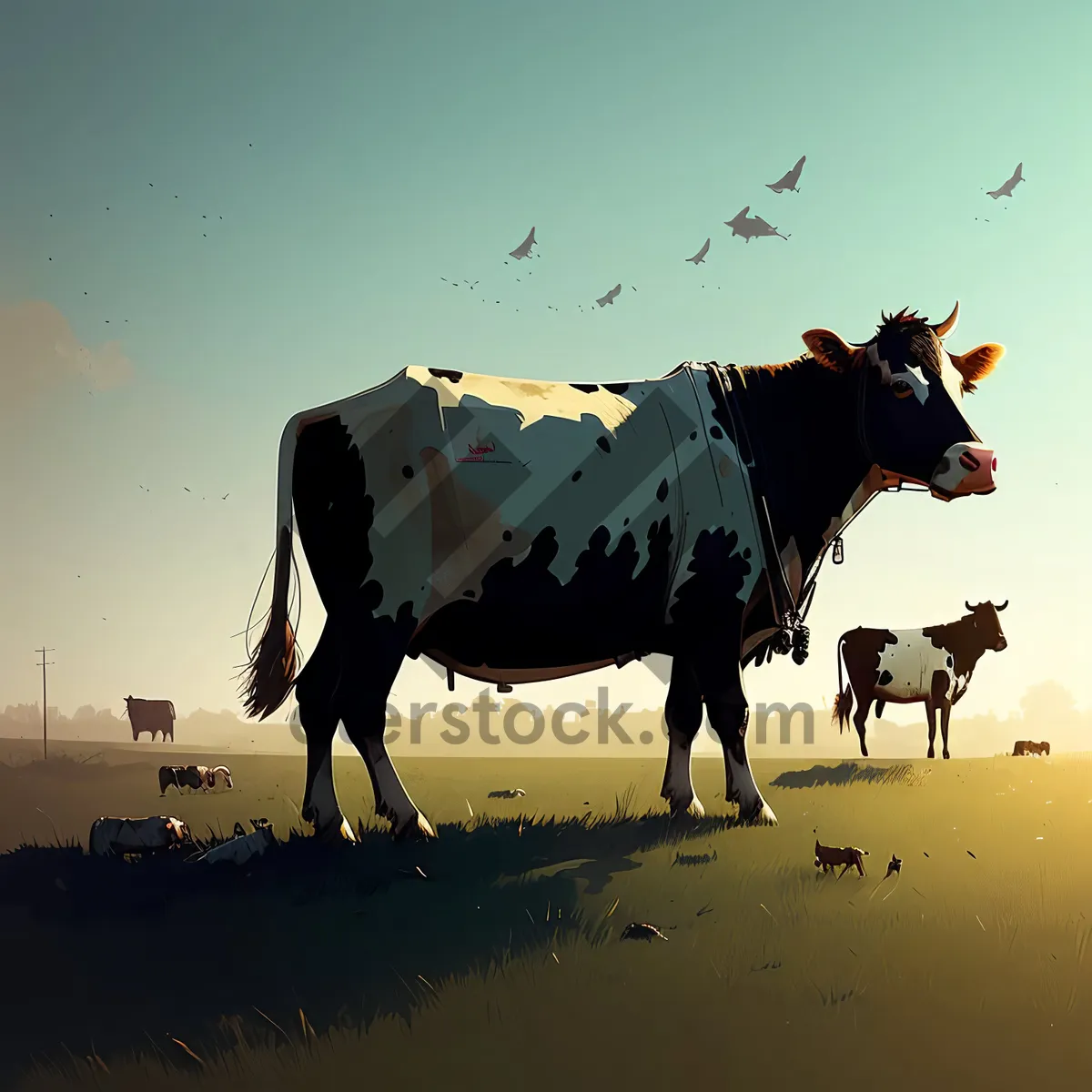 Picture of Peaceful Rural Meadow Grazing Cattle and Horses