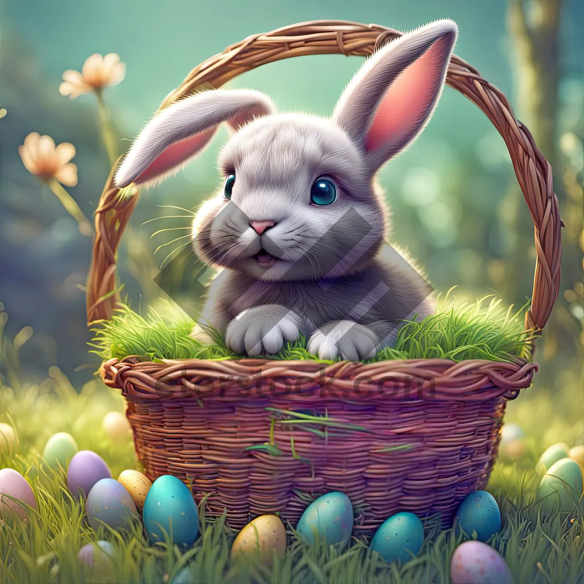 Picture of Cute Easter Bunny with Eggs in Rattan Basket.