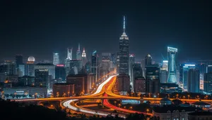 City skyline with modern skyscrapers at night.