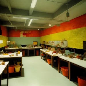 Modern restaurant interior with wooden furniture and lamp