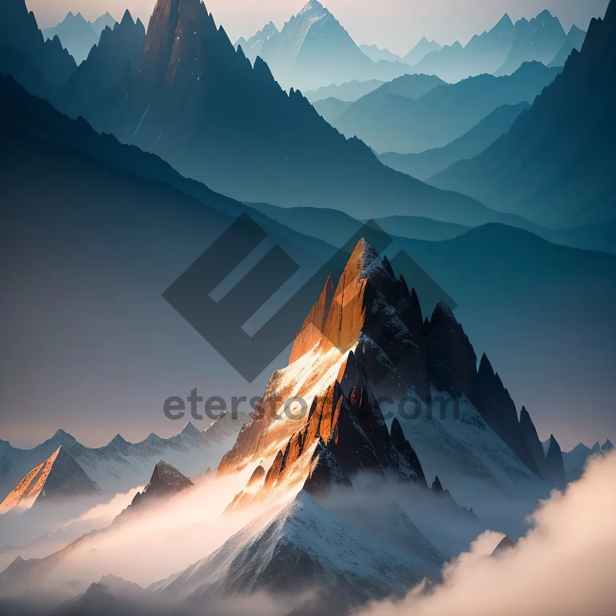 Picture of Majestic Glacier and Snow-Capped Mountains Under Golden Sunset