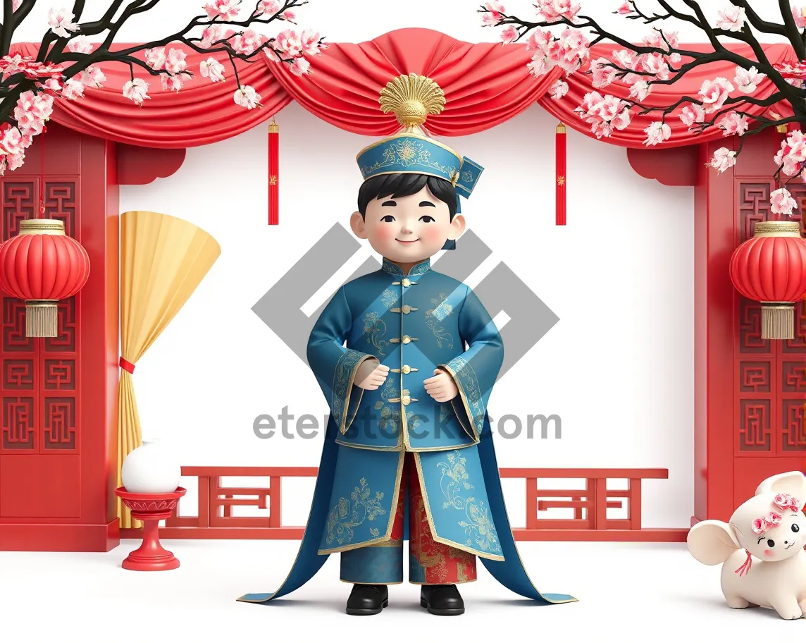 Picture of Happy Princess in Pretty Kimono Cartoon Illustration.