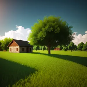 Idyllic countryside farm with rolling hills and sunny skies