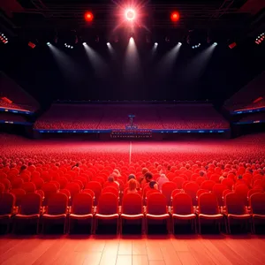 Patriotic stadium crowd cheering under illuminated theater curtain