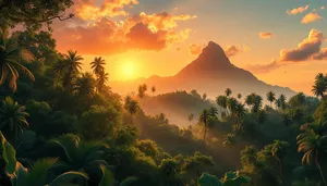Silhouette palm trees overlooking orange sunset horizon.