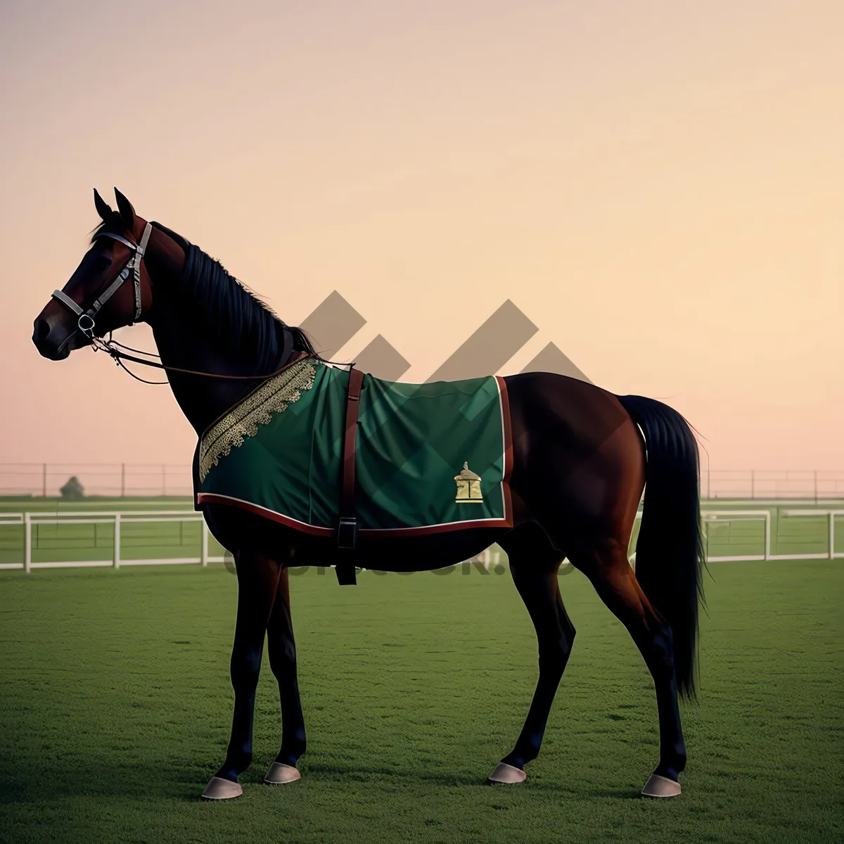 Picture of Graceful thoroughbred horse galloping through green meadow