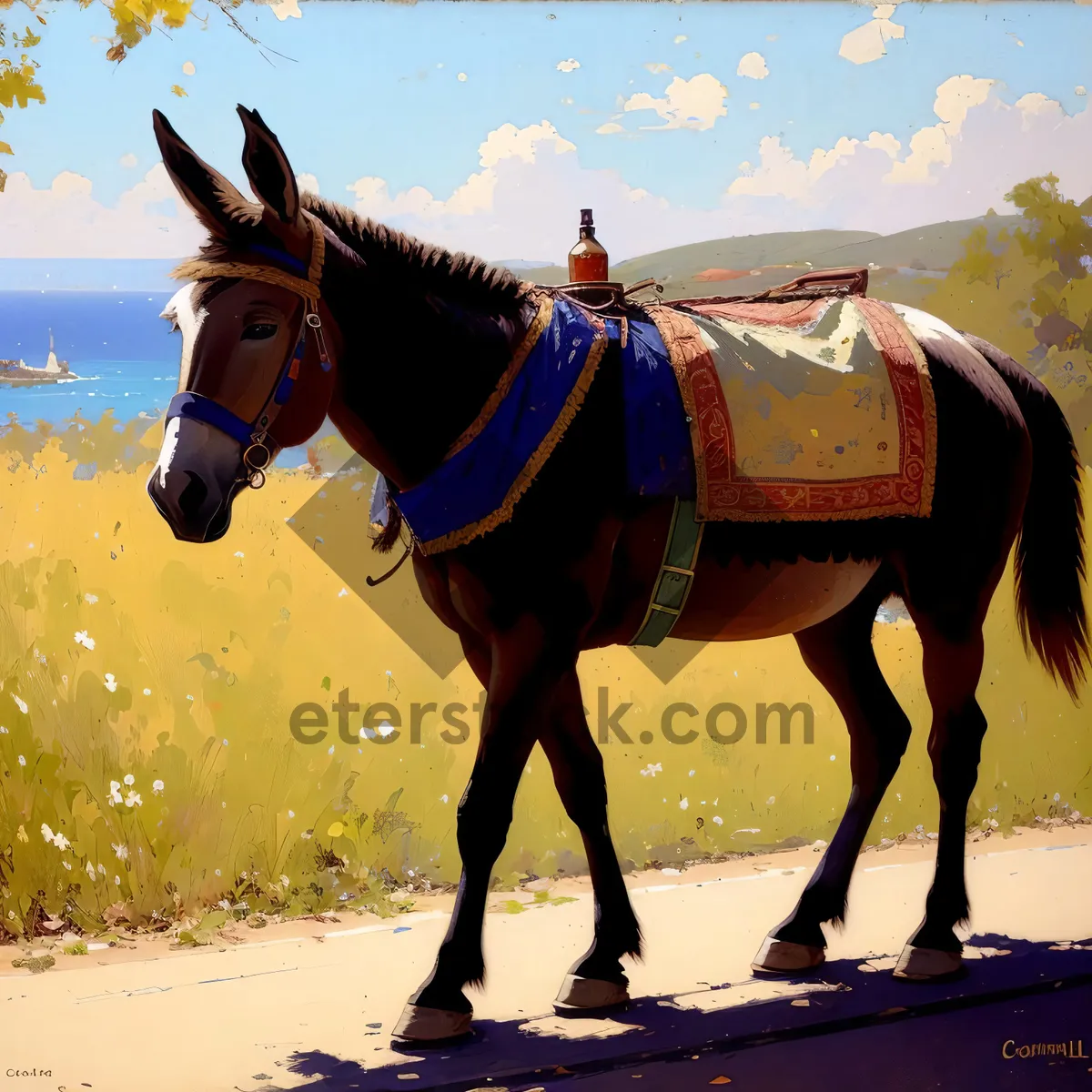 Picture of Brown Stallion with Equestrian Gear in Rural Farm Setting