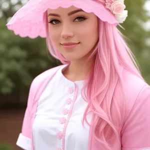 Pretty Lady in Pink Winter Hat, Smiling Joyfully