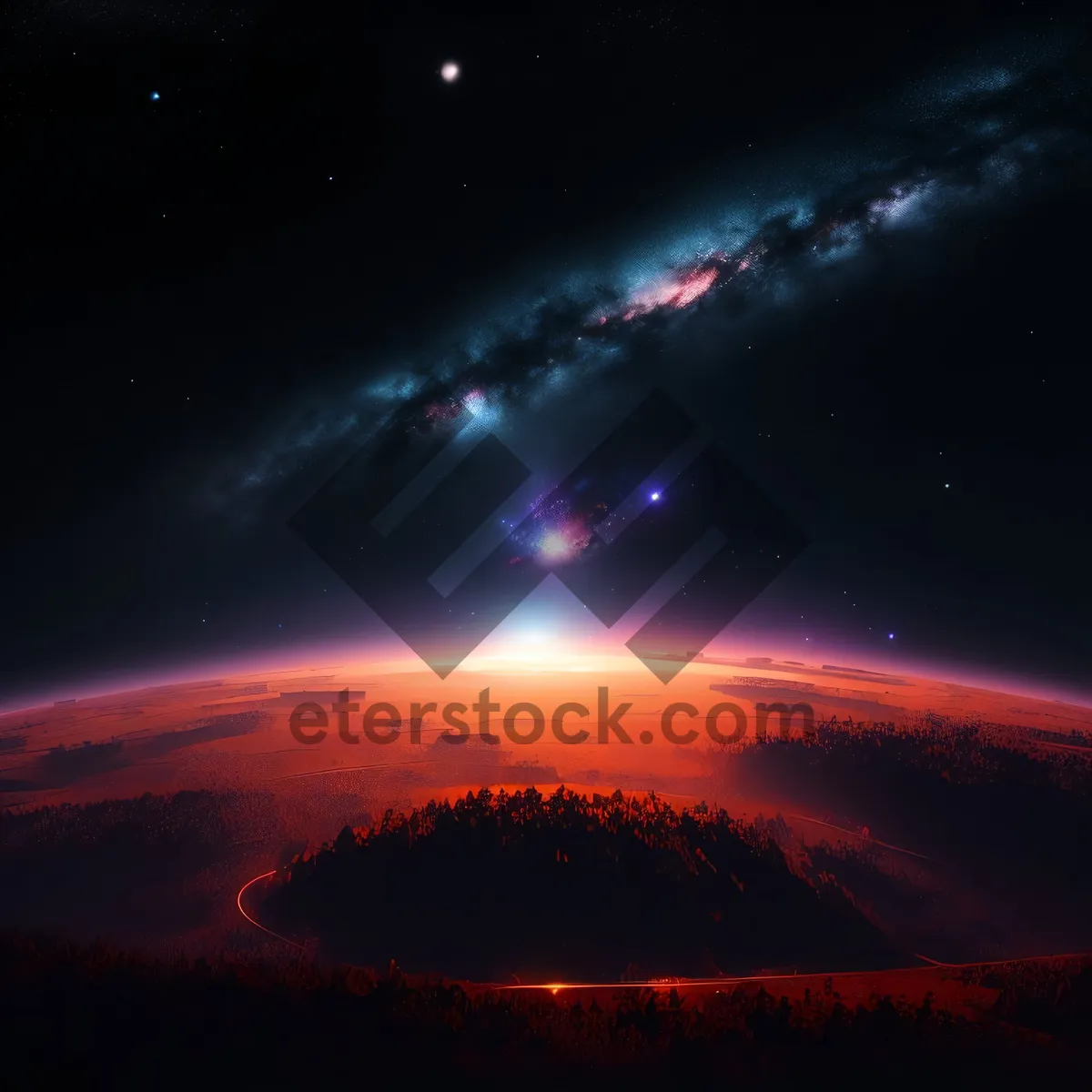 Picture of Glowing Fantasy Planet in Dark Celestial Sky