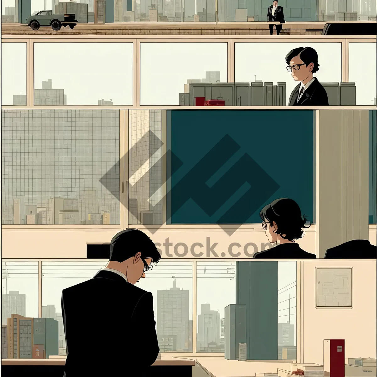 Picture of Happy man and businesswoman working on laptop in office