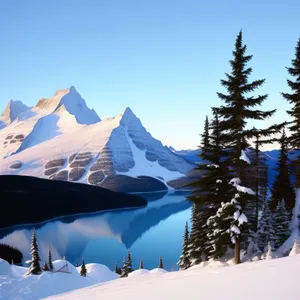 Snowy Winter Mountain Landscape with Fir Trees