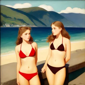 Summer beach fashion model in bikini relaxing by water.