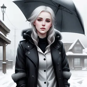 Cheerful Businesswoman Under Canopy with Trench Coat