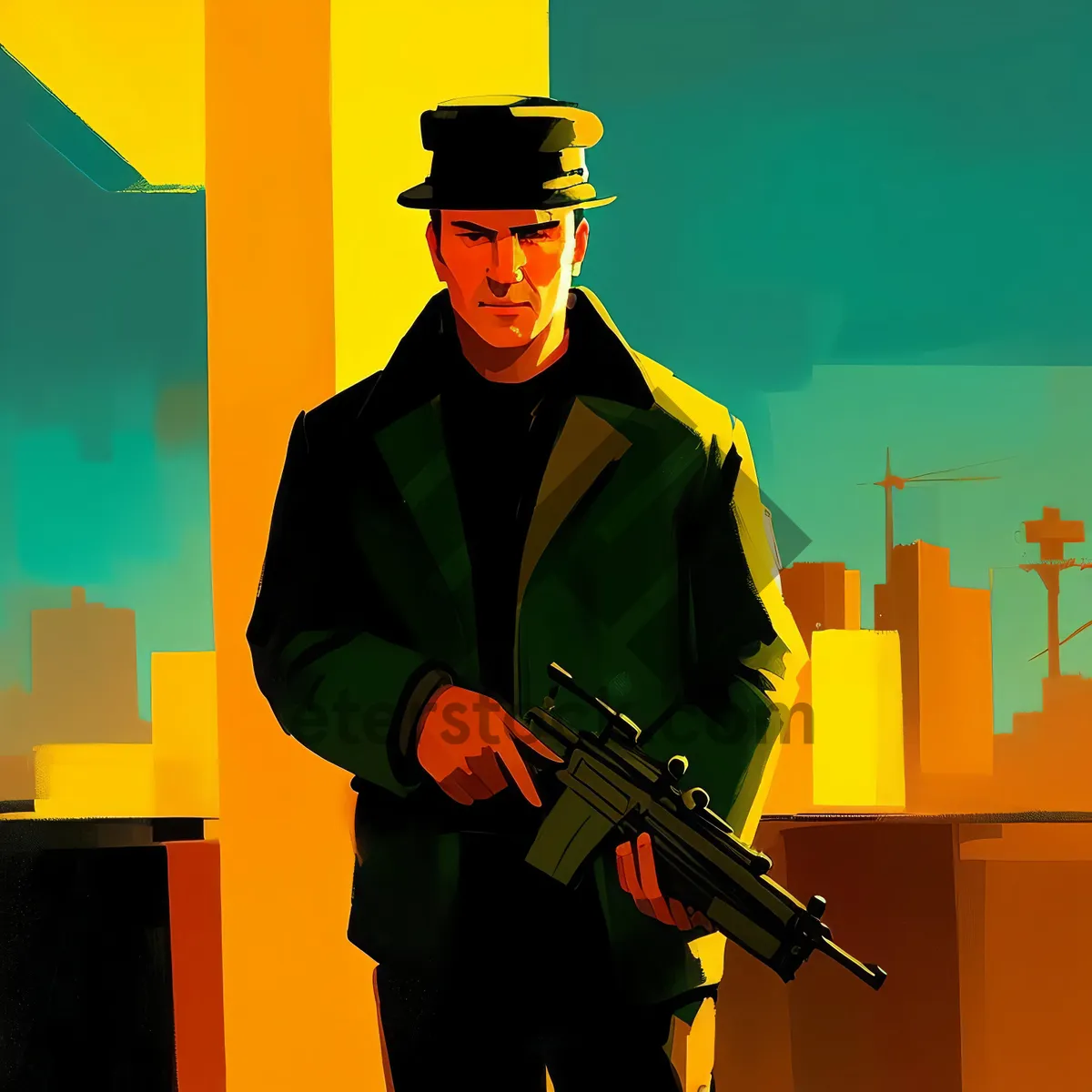 Picture of Professional male worker with electric guitar on a construction site.