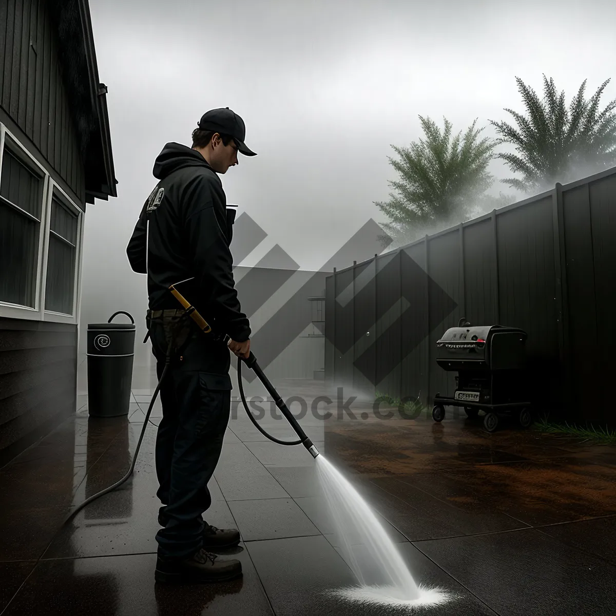 Picture of Cleaner man using golf-inspired vacuum outdoors.