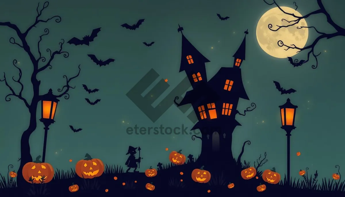 Picture of Silhouette of pumpkin in moonlit winter cemetery