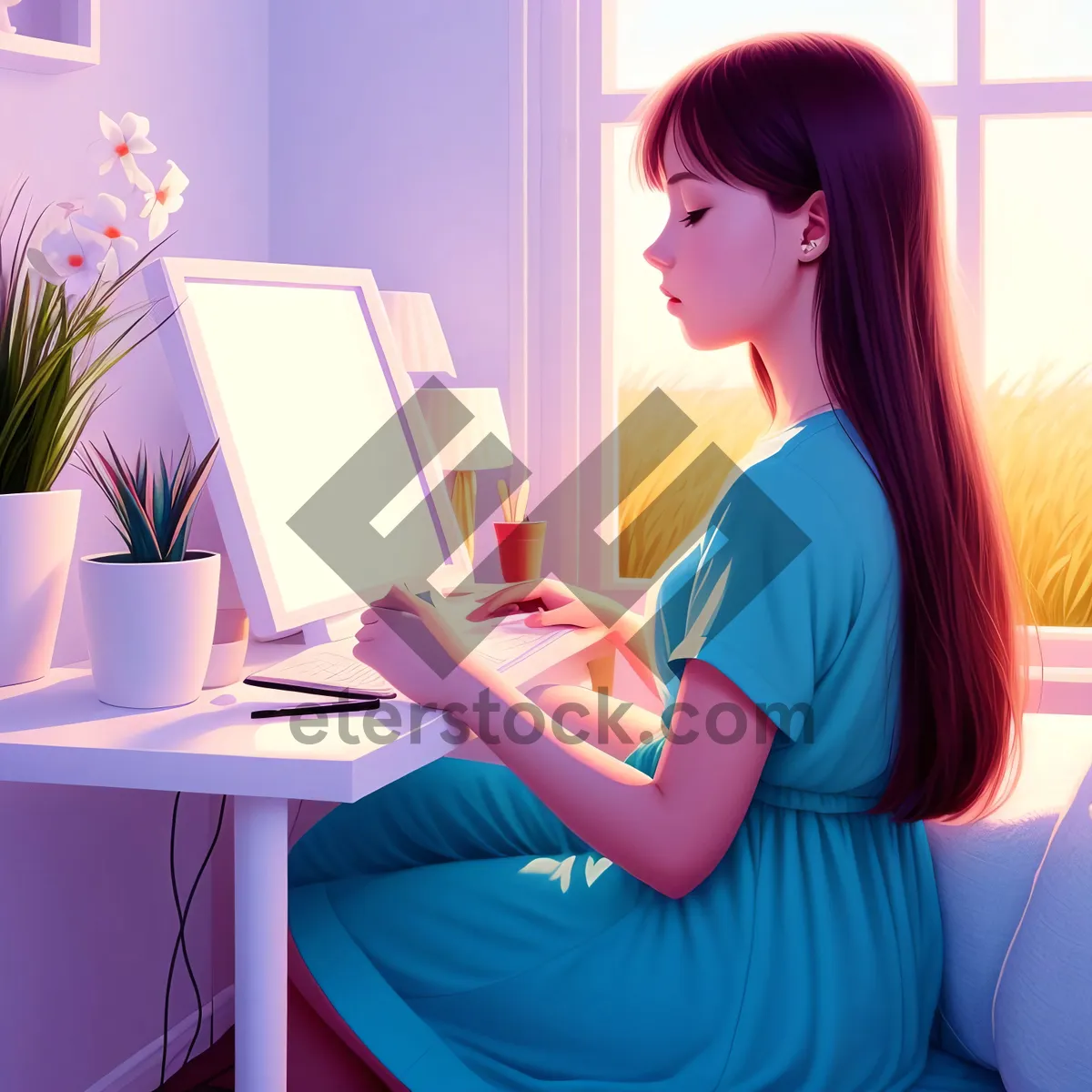 Picture of Smiling Businesswoman Working on Laptop in Office