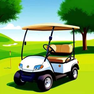 Golfer driving on green with golf cart