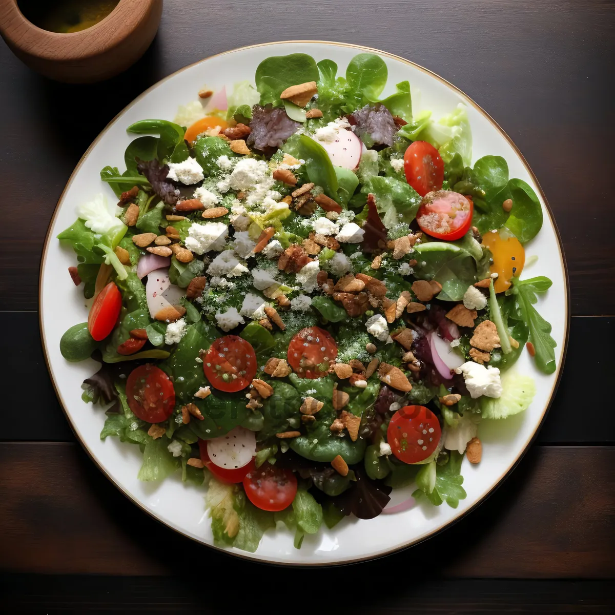 Picture of Gourmet salad with fresh vegetables and cheese plate.