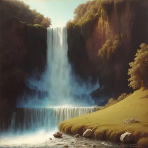 Majestic Wilderness Waterfall: A picturesque cascade in a serene forest.