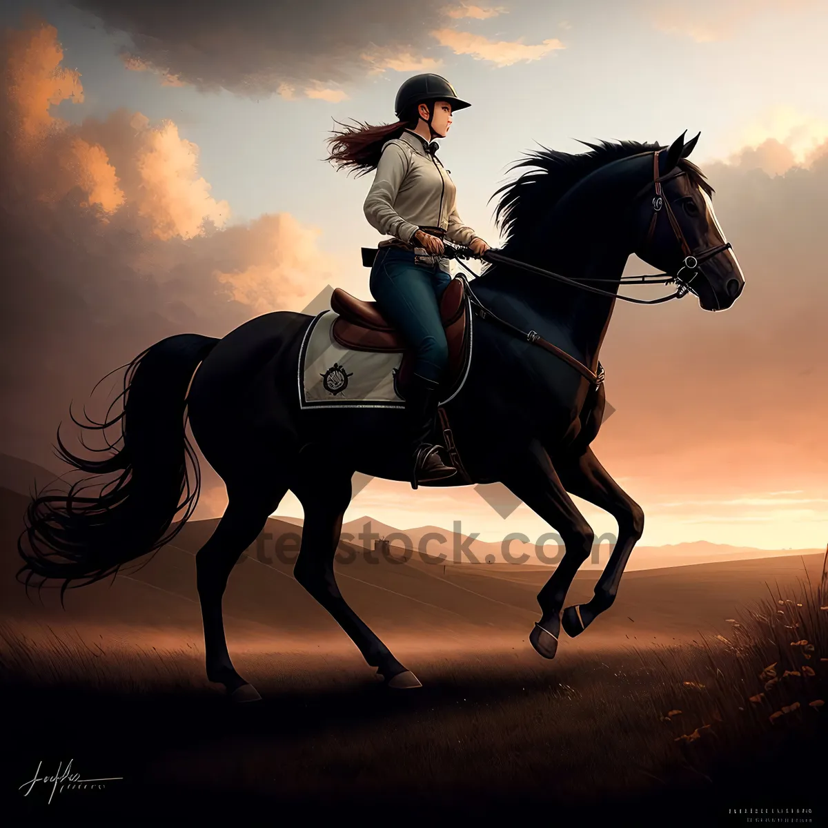 Picture of Silhouette of Cowboy Riding Stallion at Sunset