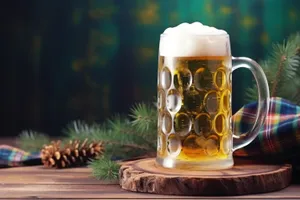 Golden beer glass with frothy white bubbles