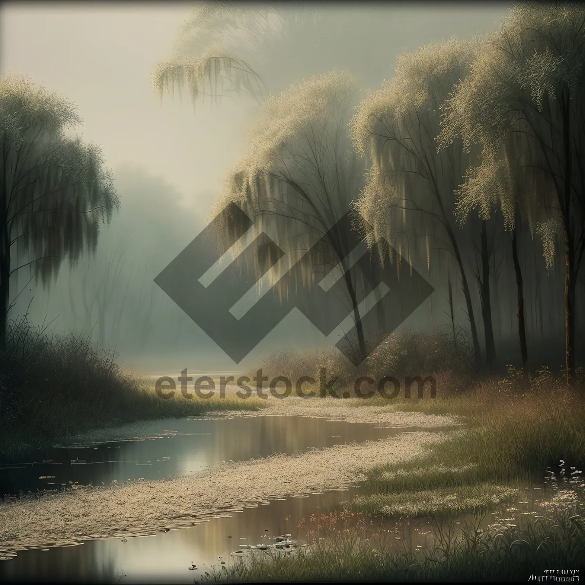 Picture of Serene Sunset over Rustic River Landscape