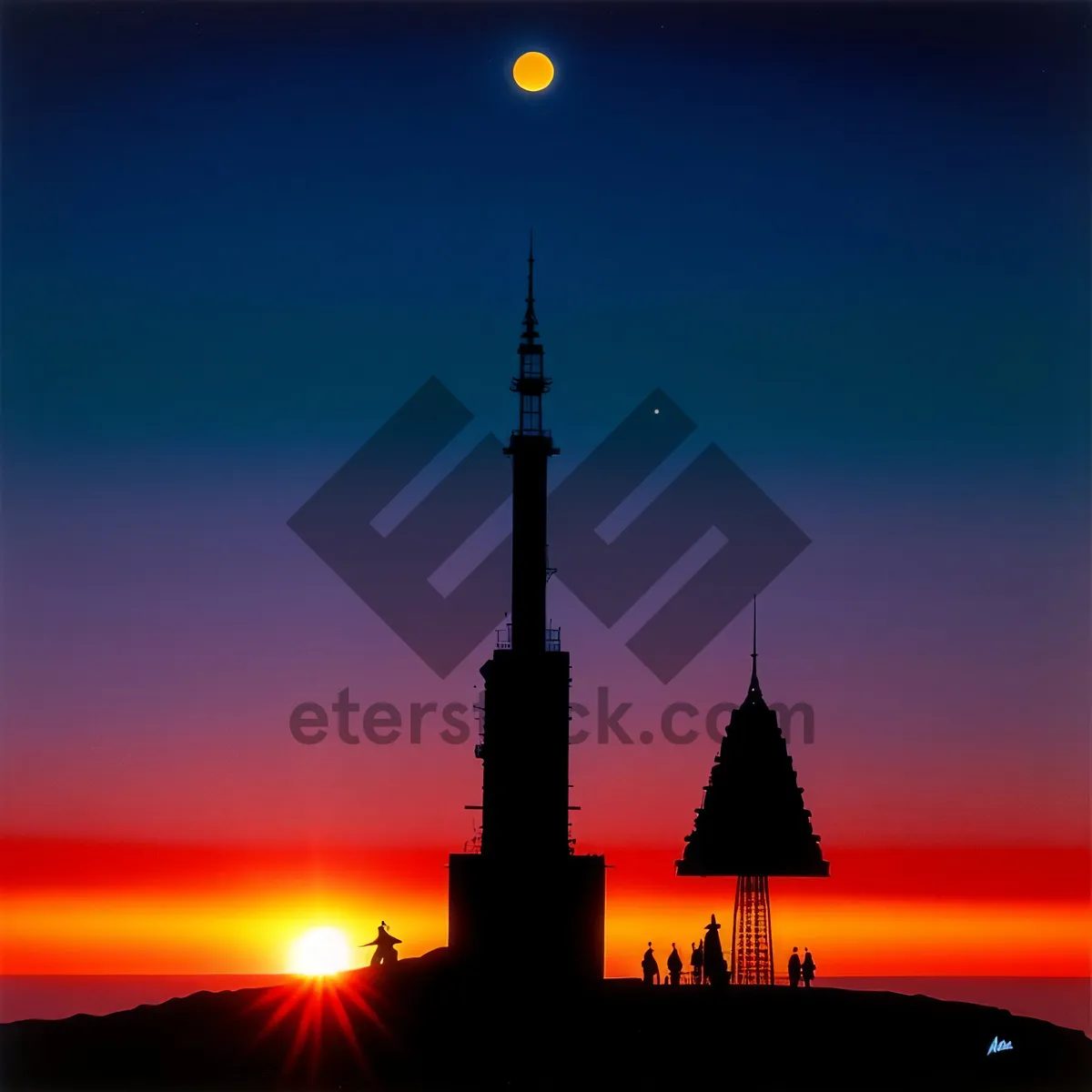 Picture of Sunset silhouette of historic minaret tower.