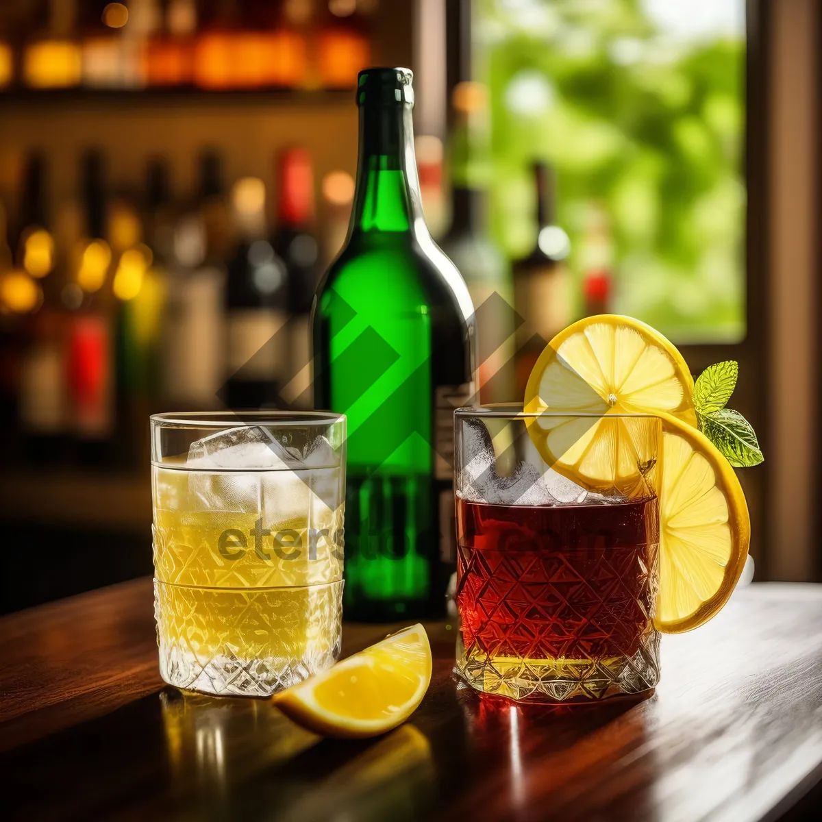 Picture of Party Table with Various Alcoholic Beverages and Glasses