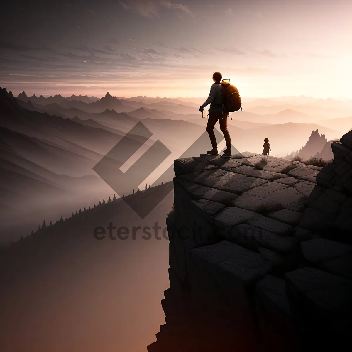 Picture of Sunset Summit: Silhouetted Adventurer Conquer Mountain Peak