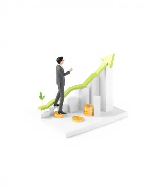 Businessman climbing stairs in 3D cartoon style.