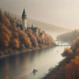 Iconic Riverside Castle against Majestic Skyline