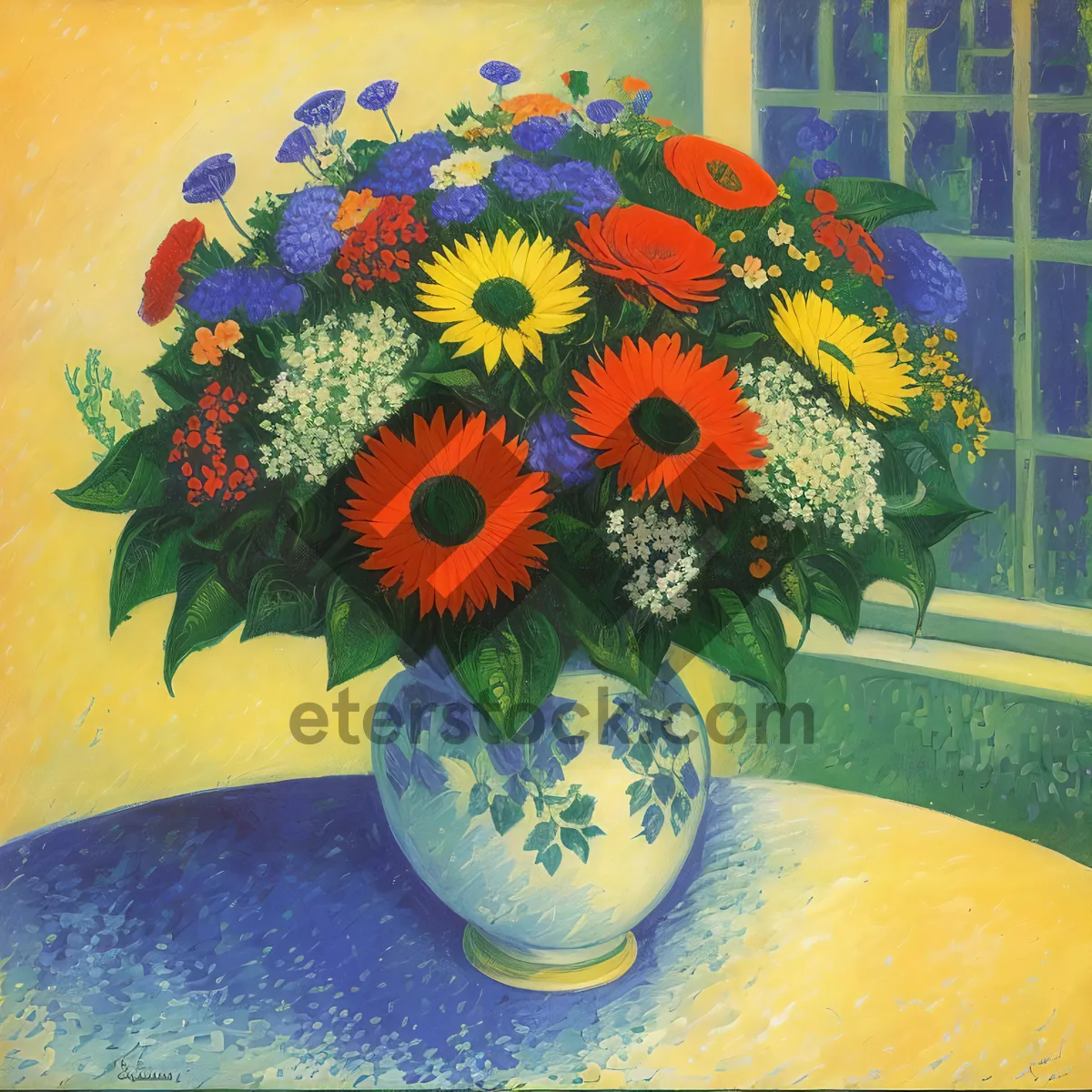 Picture of Colorful Sunflower Bouquet in Ceramic Vase