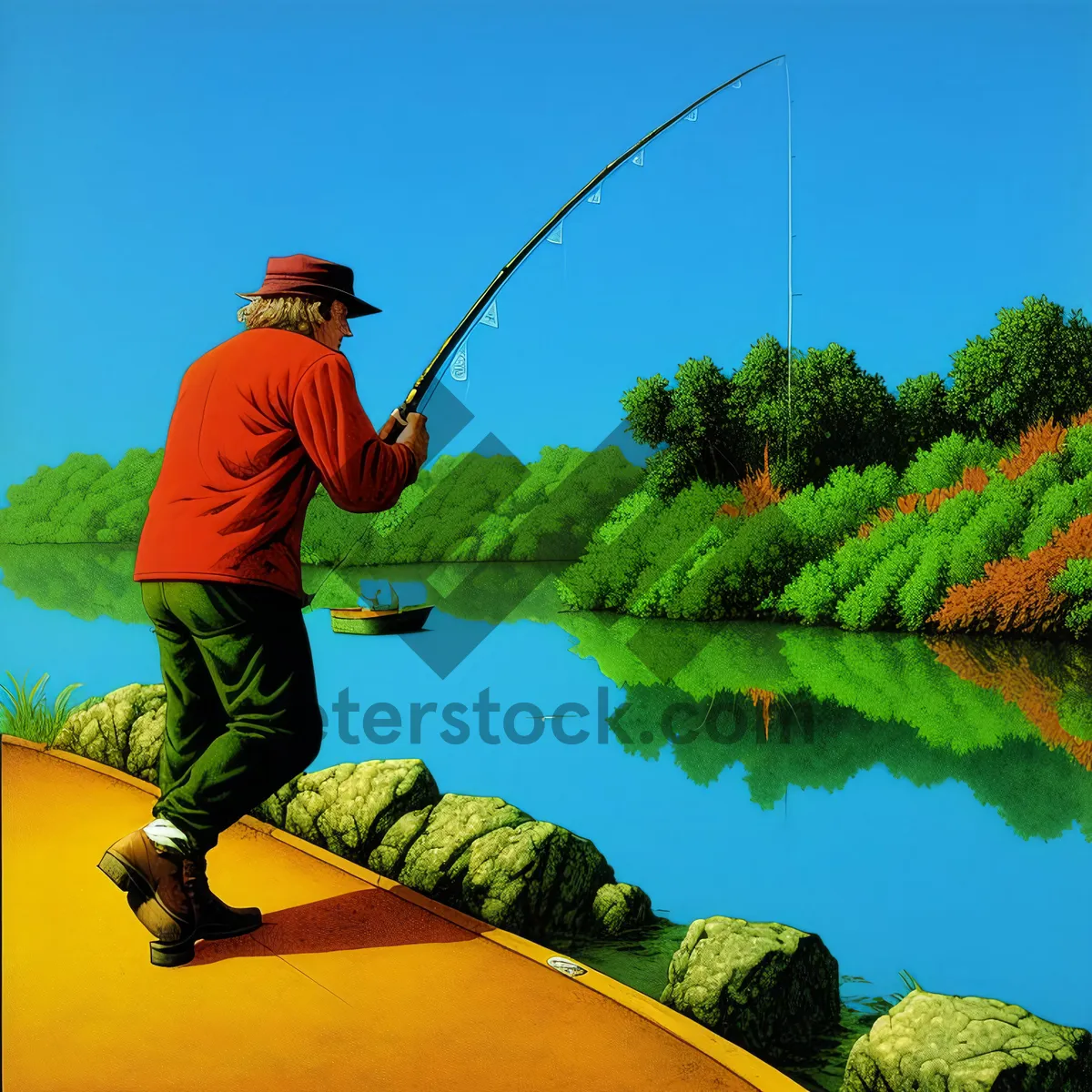 Picture of Active Golfer Swinging Iron on Green Grass