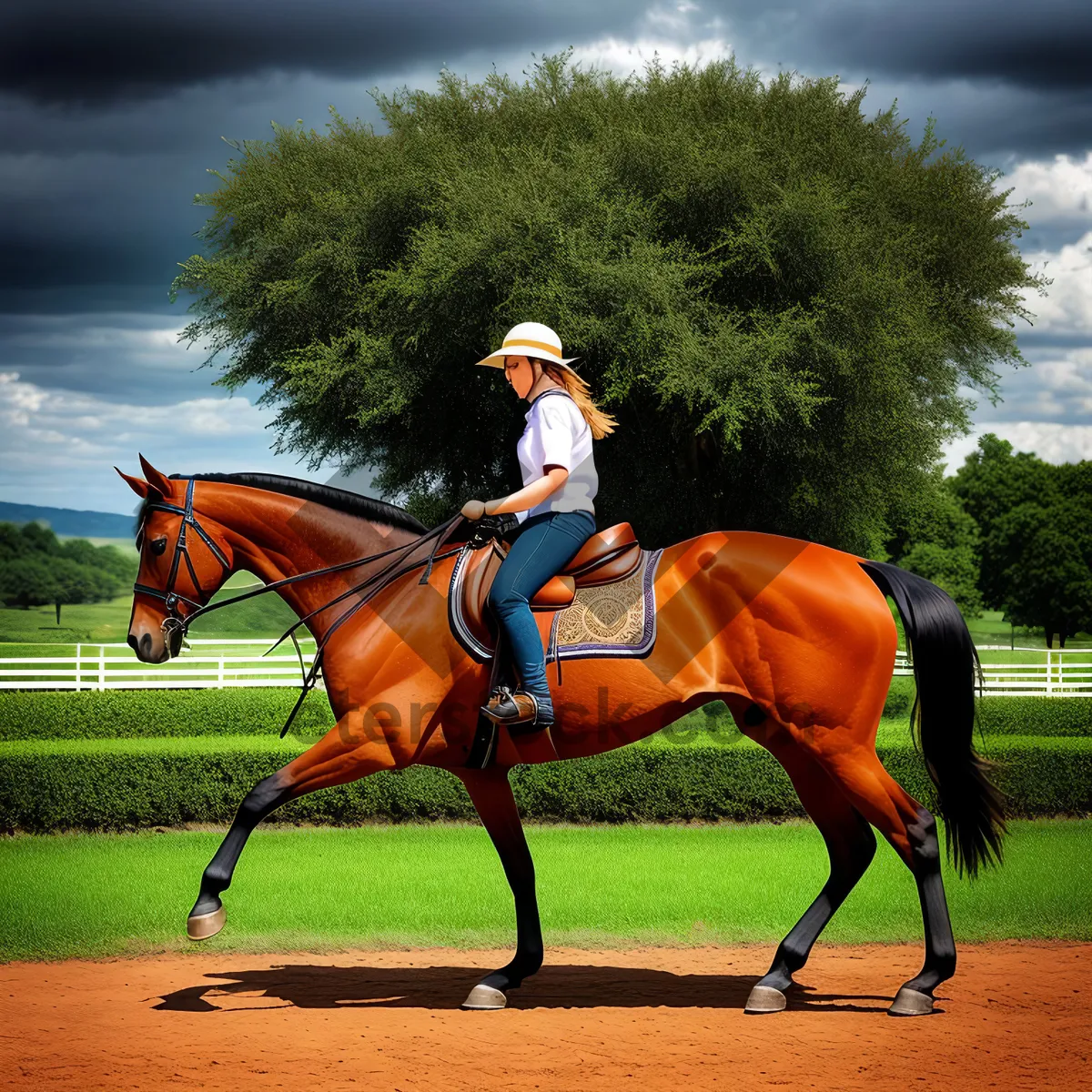 Picture of Thoroughbred horse with polo mallet in action