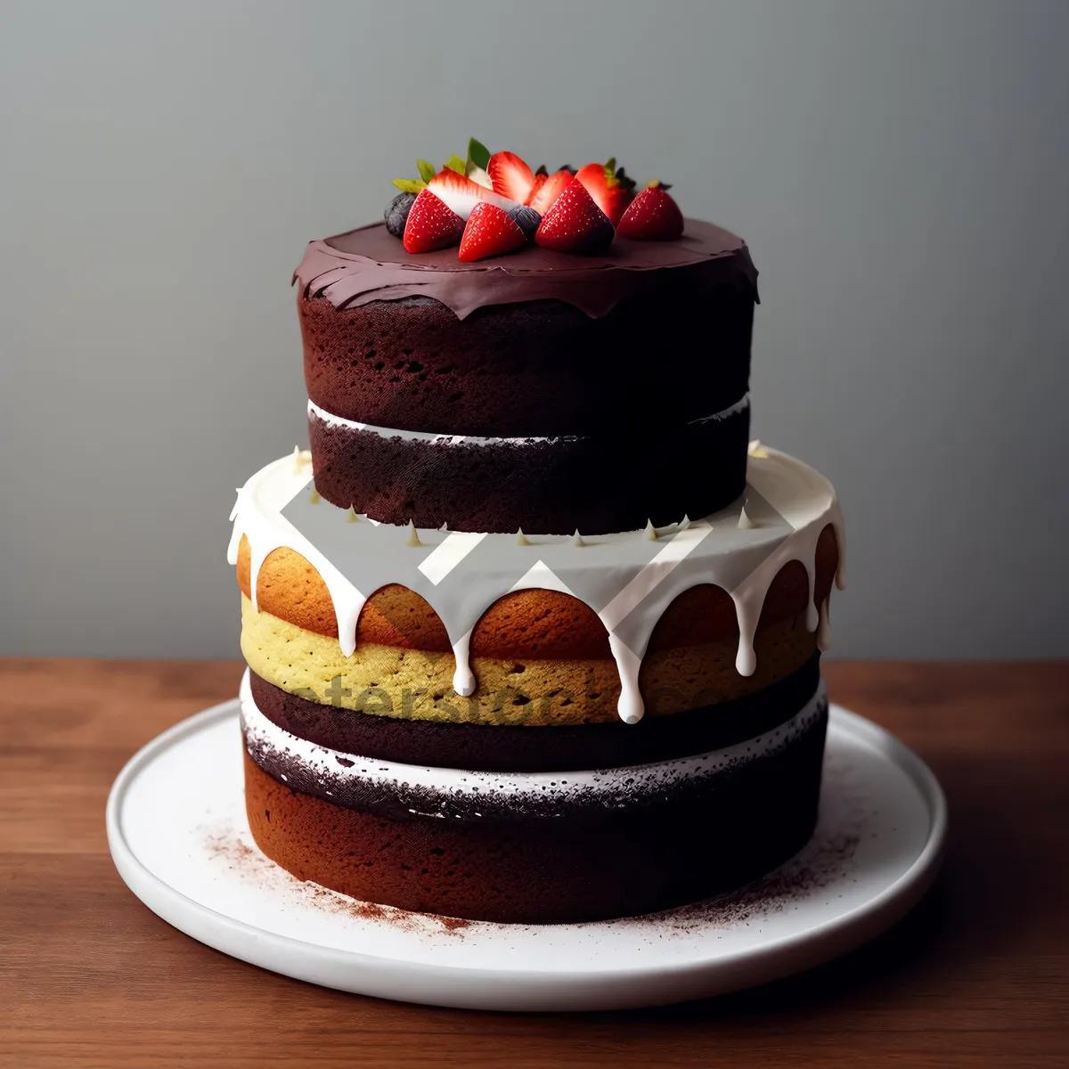 Picture of Decadent chocolate cake with creamy icing and confectionery swirls