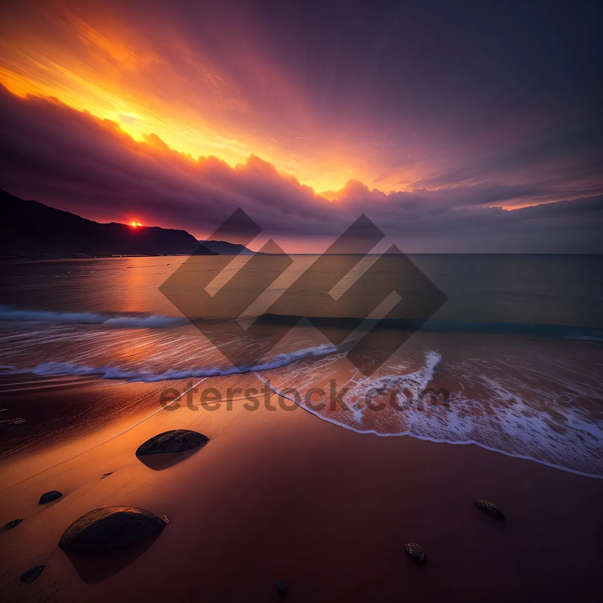 Picture of Golden Sunset Over Tropical Beach- Reflection of Peaceful Horizon