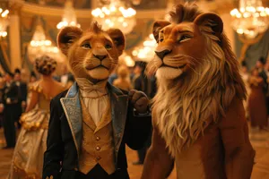 Male lion with mask disguise in wildlife safari costume.