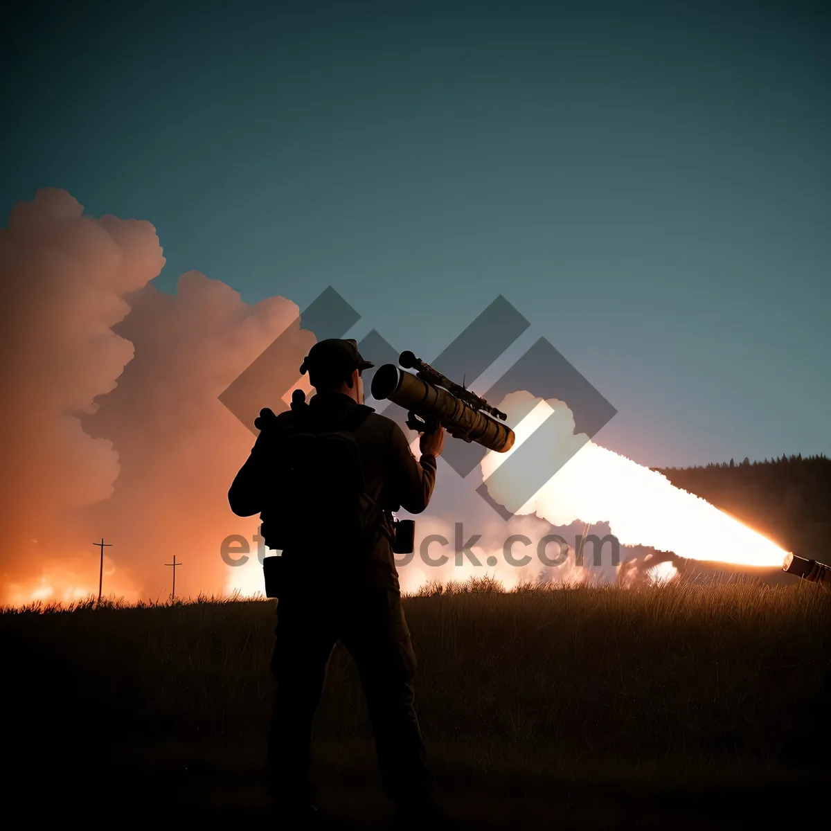 Picture of Silhouetted Man Playing a Brass Cornet at Sunset