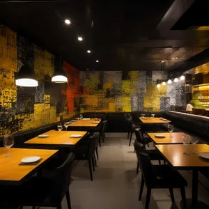 Modern restaurant interior with stylish design and lighting.