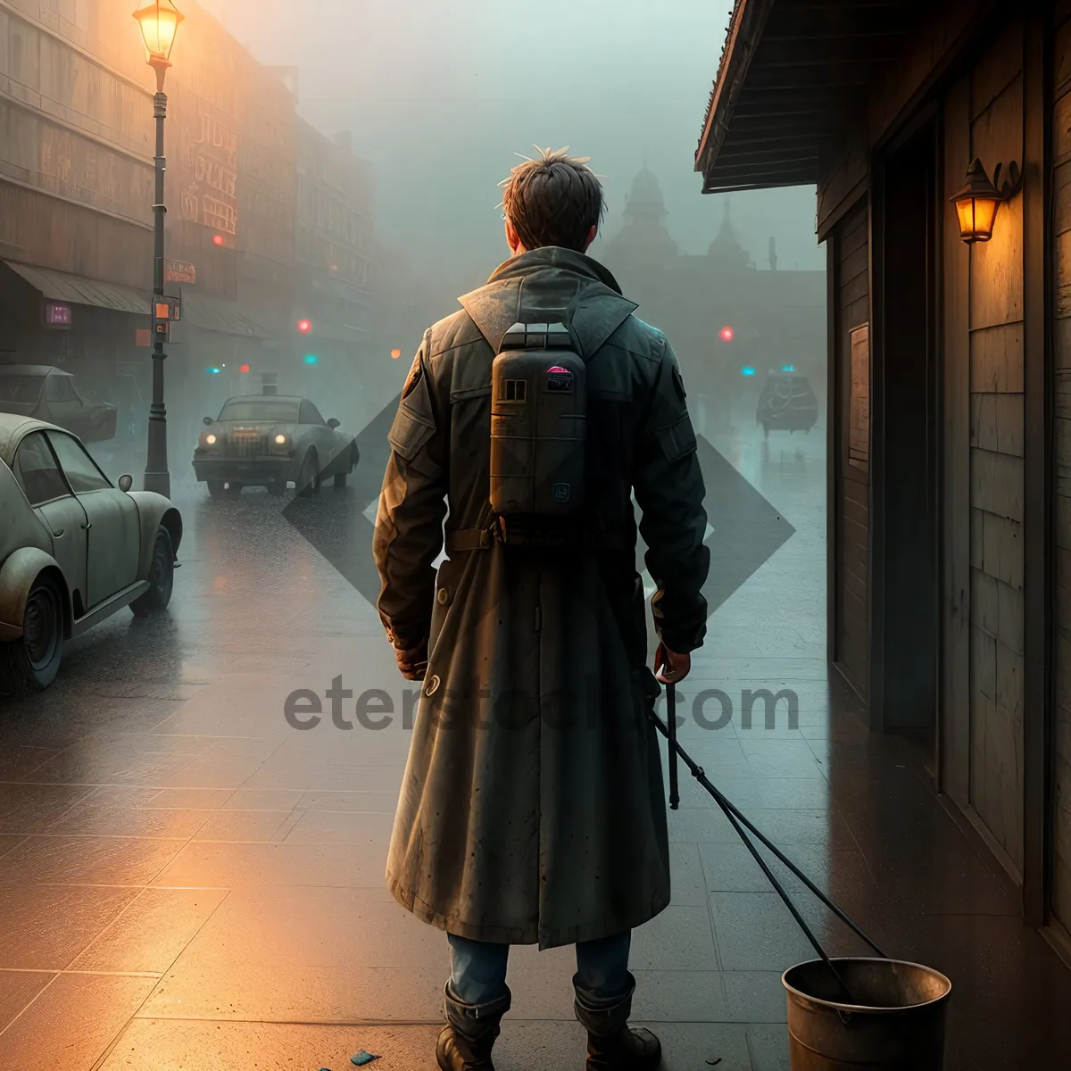 Picture of Man with Crutch and Staff in Coat