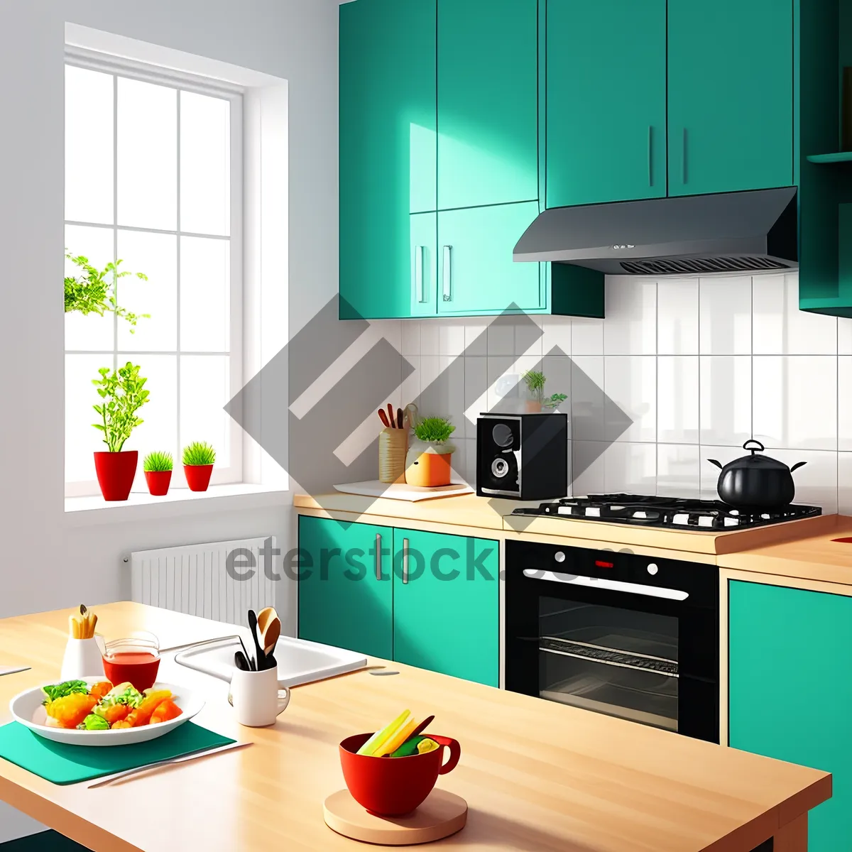 Picture of The Interior of a Modern Kitchen is Enhanced by Trendy Green Furniture and Appliances