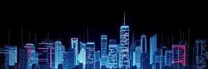 Modern city skyline at night with skyscrapers lit up.