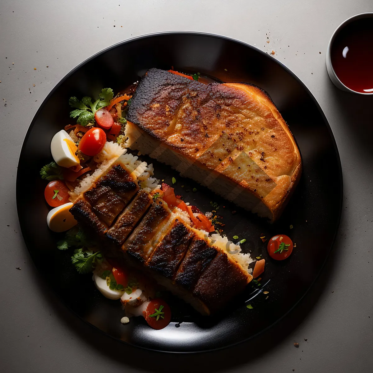 Picture of Healthy Vegetable Salad Plate with Grilled Steak & Sauce