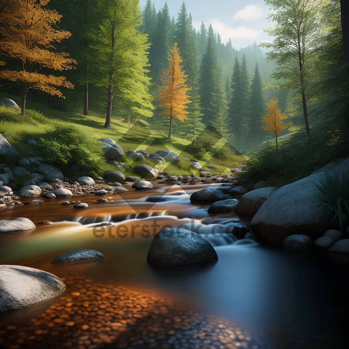 Picture of Tranquil Forest River Landscape with Maze-like Trees